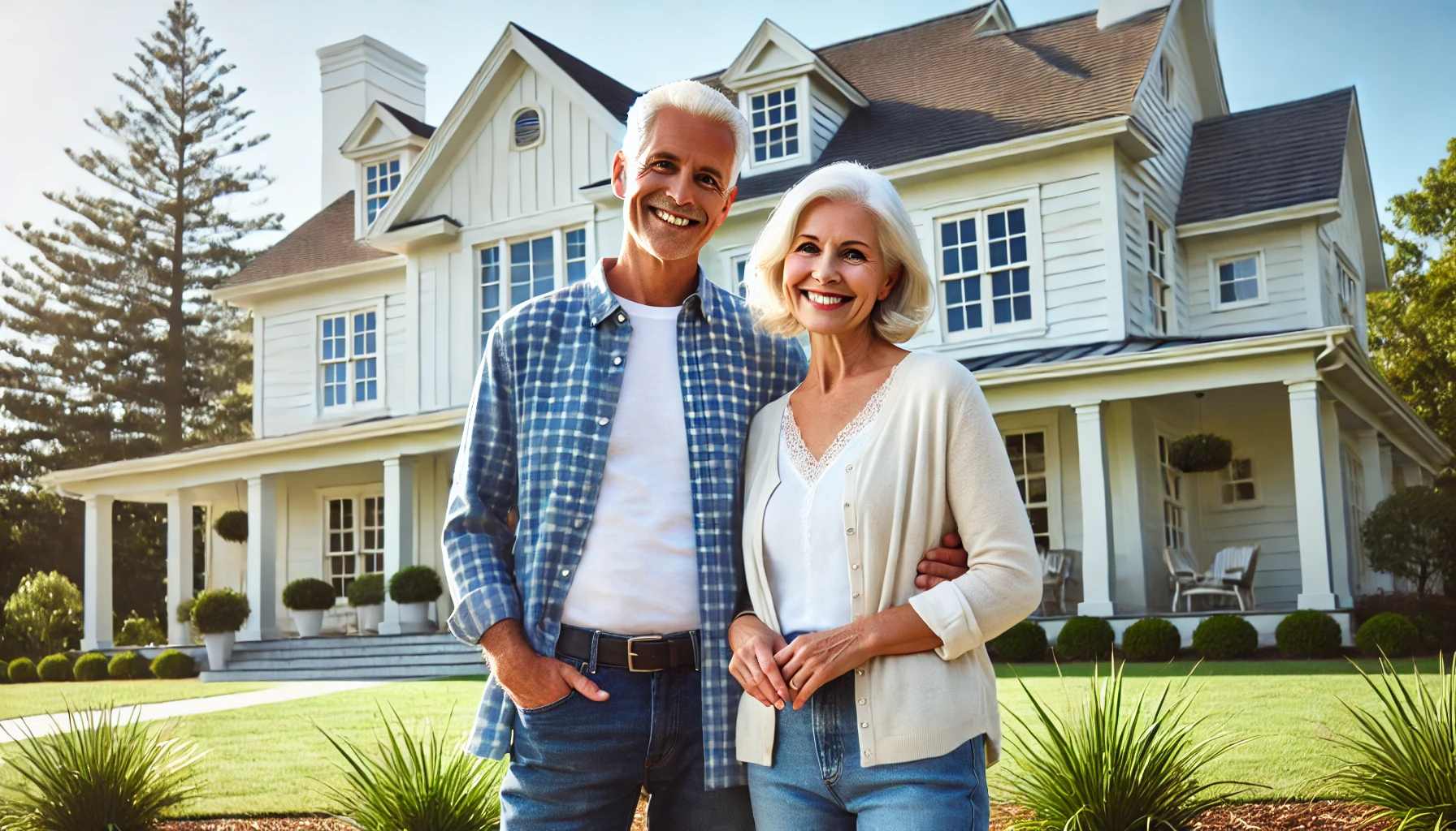 Smiling older white couple in front of a large white house