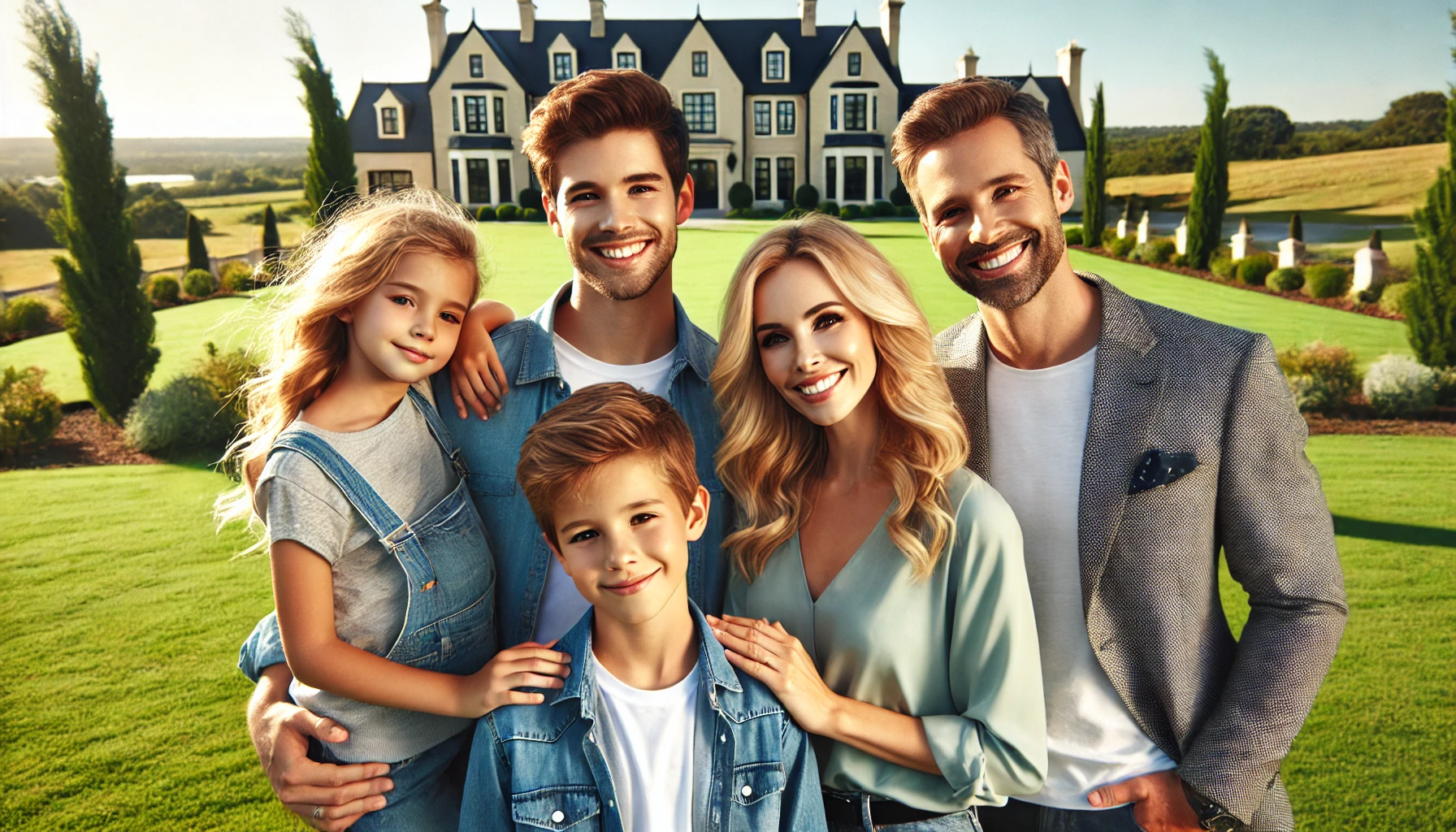 Happy family posing on the lawn of their estate